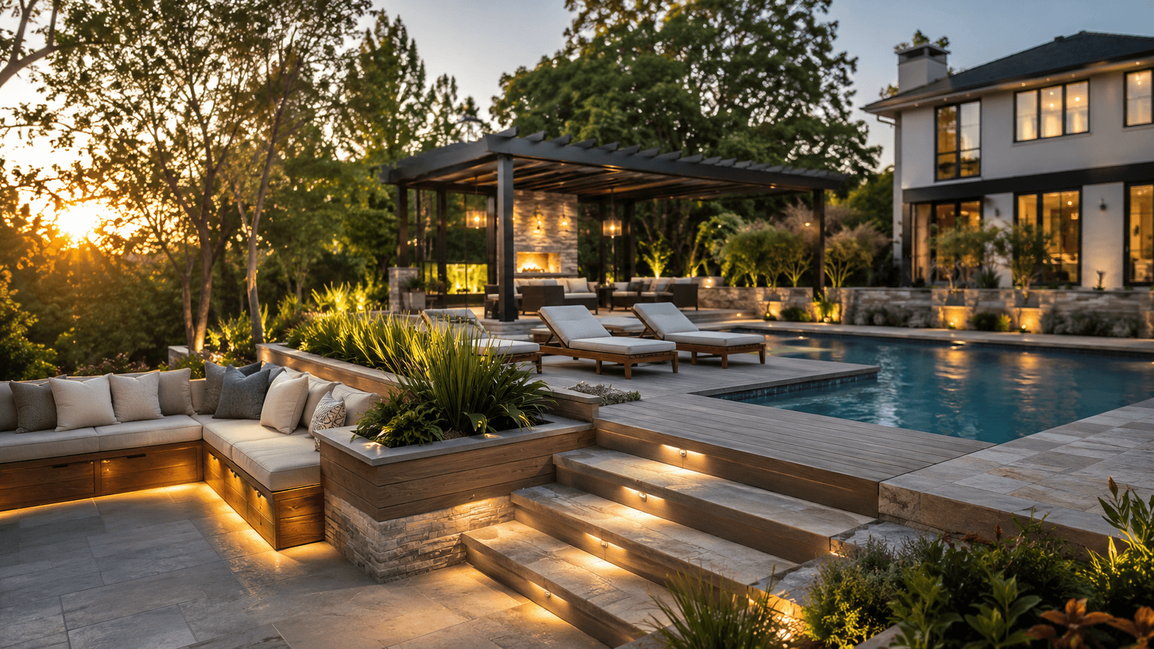 Pool Deck Ideas with Built-In Seating and Lounging Areas